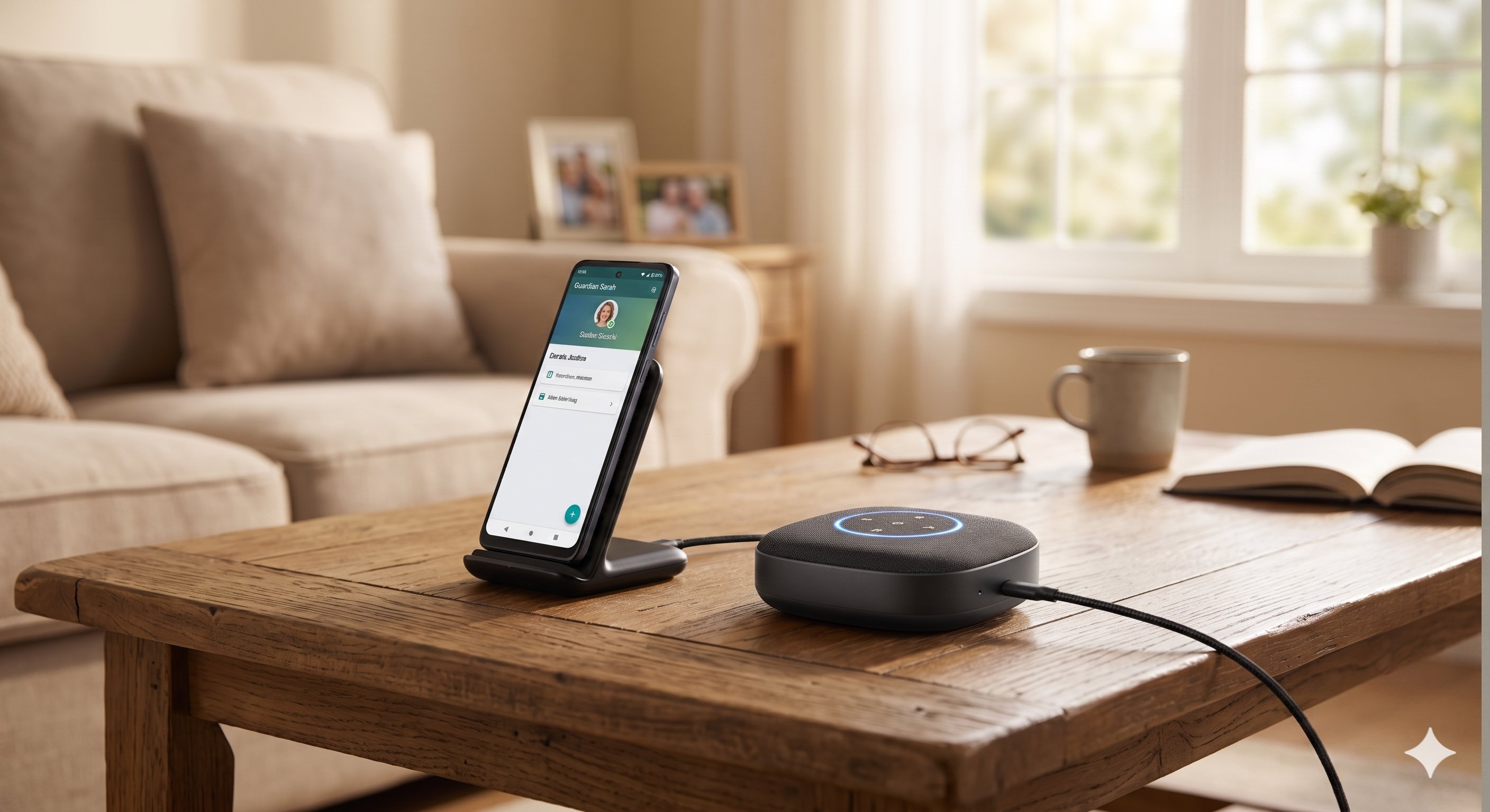Guardian Sarah — Motorola phone on wireless charger stand next to Anker speaker in a senior's living room